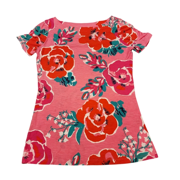 Lilly Pulitzer Pink Floral Ruched Puff Sleeve Slim Fit T-Shirt Size L - Picture 6 of 11